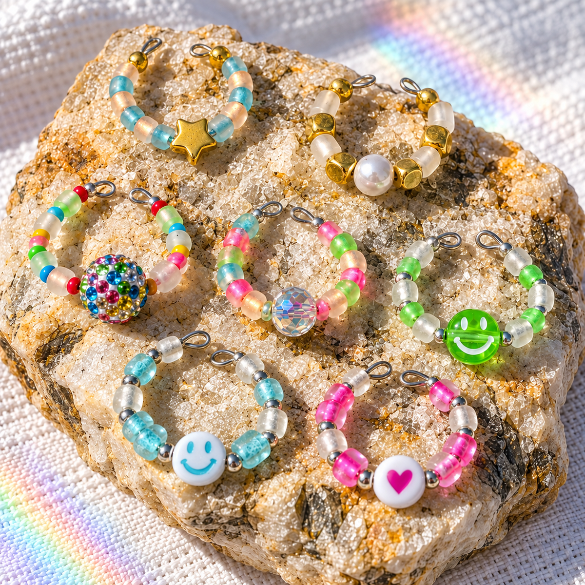 An assortment of handmade glow-in-the-dark beaded rings arranged on a natural rock with rainbow light